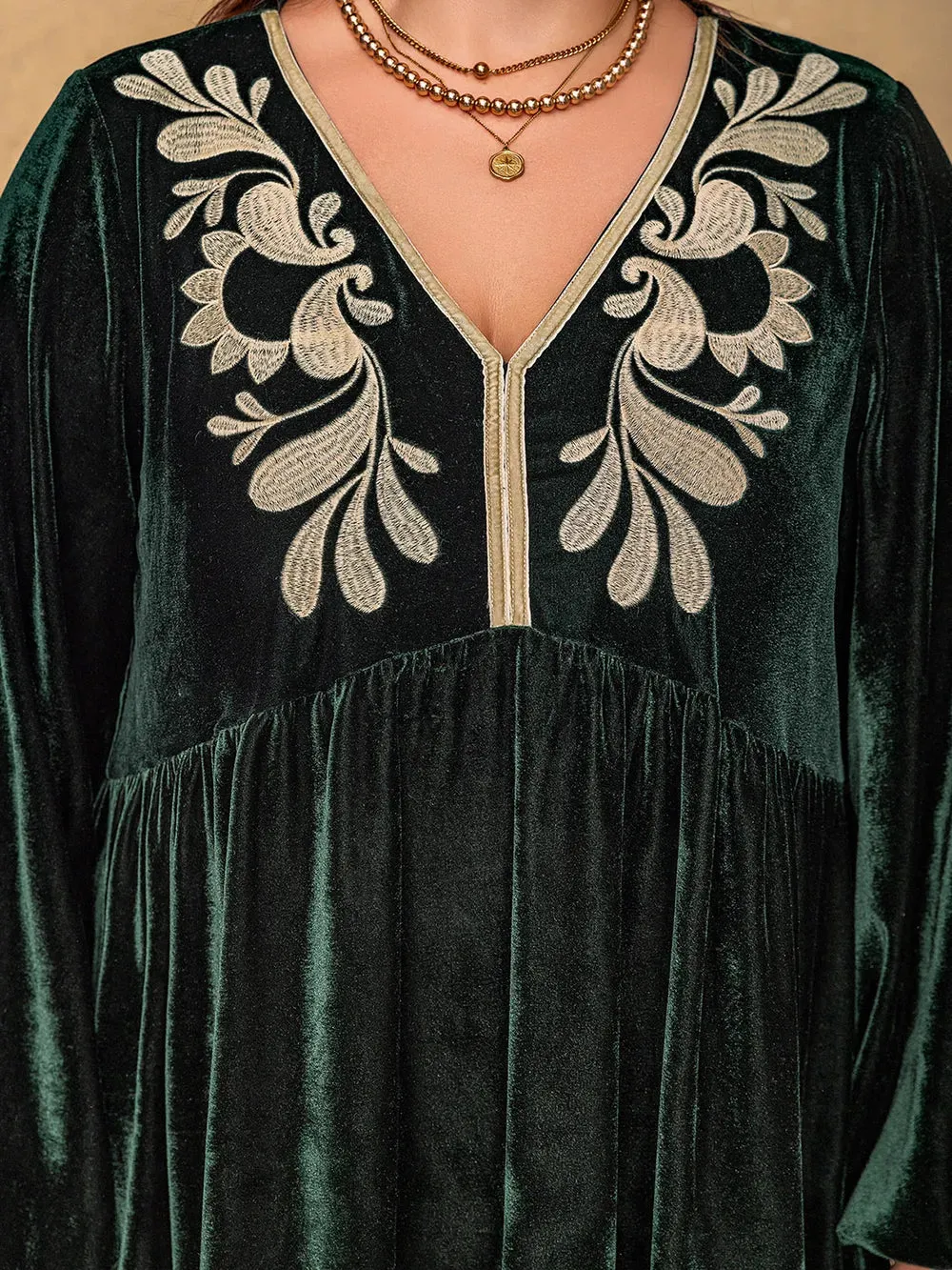 Plus Size Embroidered V-Neck Long Sleeve Dress sold by Gigi Laurent product image thumbnail 3