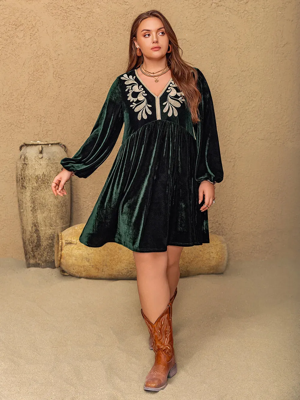 Plus Size Embroidered V-Neck Long Sleeve Dress sold by Gigi Laurent product image thumbnail 4
