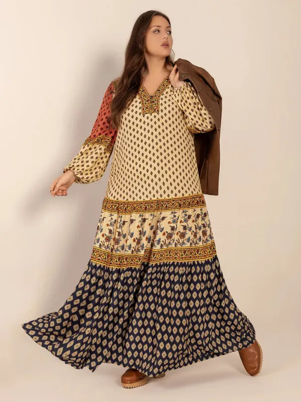 Plus Size Printed V-Neck Long Sleeve Maxi Dress sold by Gigi Laurent