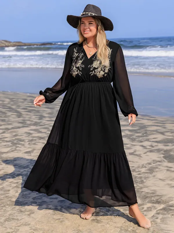 Plus Size Embroidered Tie Neck Long Sleeve Dress sold by Gigi Laurent