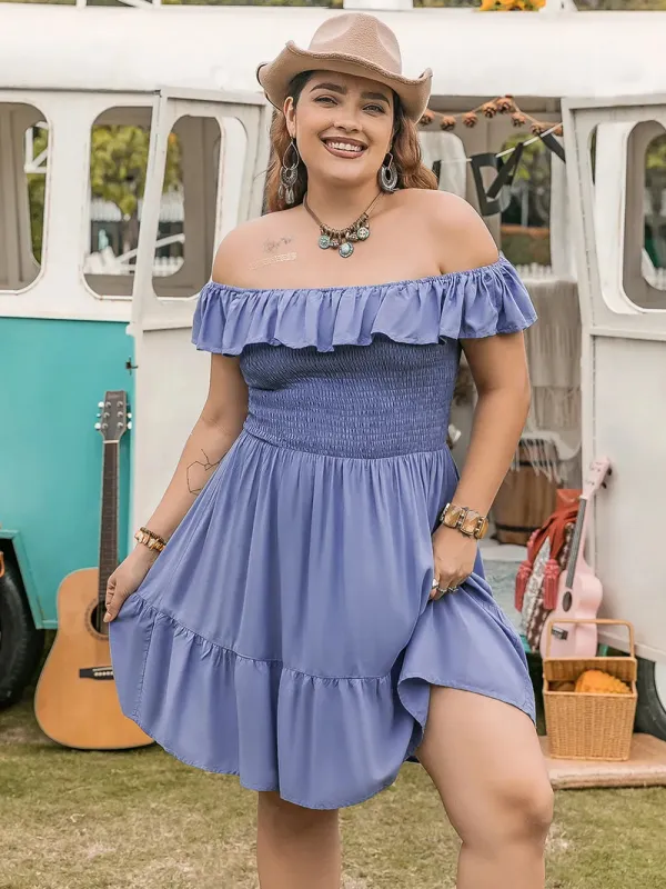 Plus Size Ruffled Smocked Off-Shoulder Mini Dress sold by Gigi Laurent