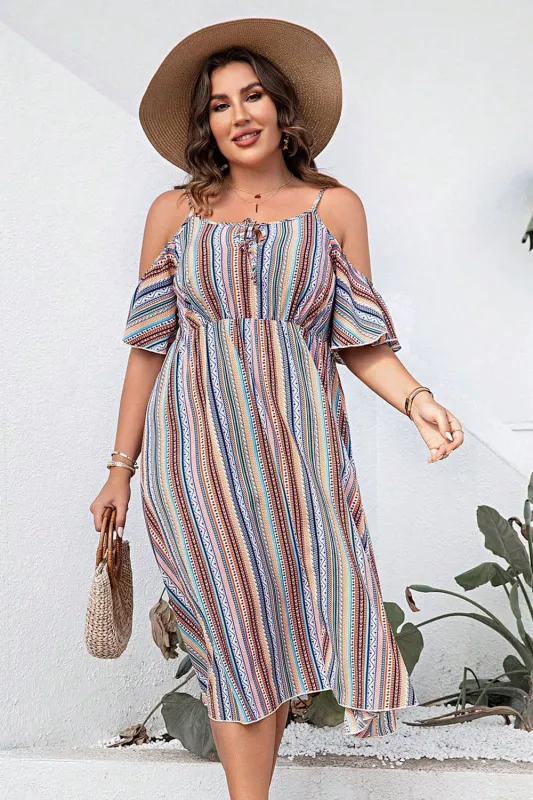 Plus Size Striped Cold-Shoulder Dress made by Trendsi