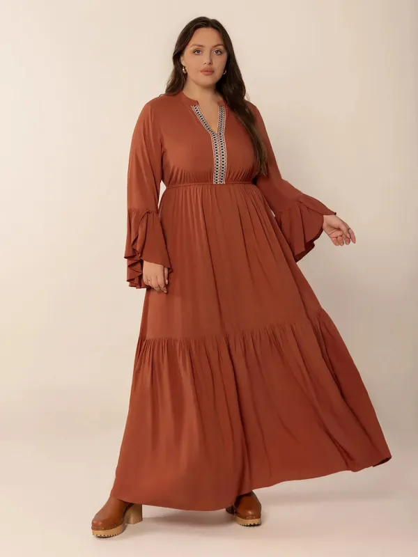 Plus Size Ruffled Notched Long Sleeve Midi Dress sold by Gigi Laurent