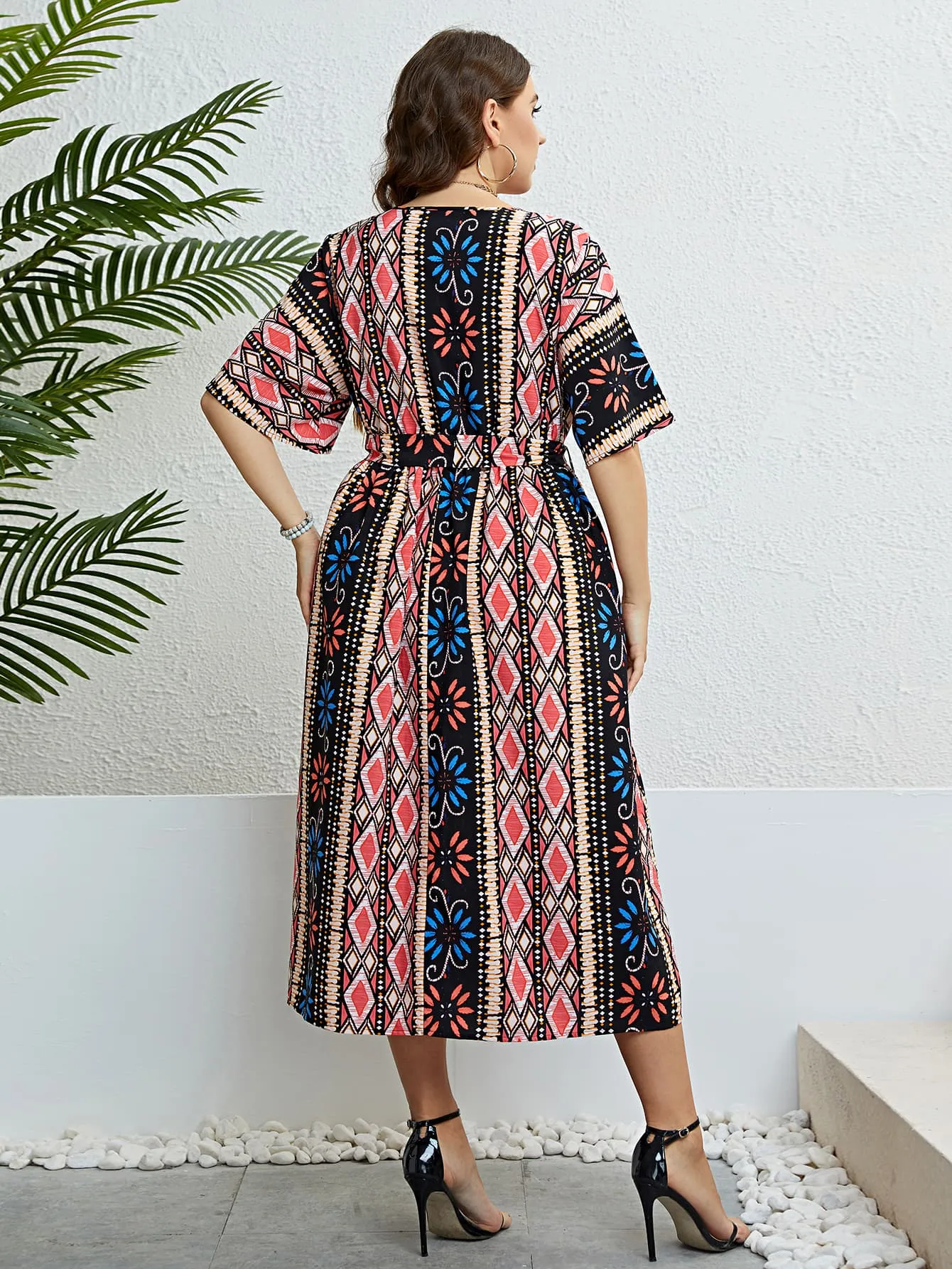 Honey Plus Size Bohemian V-Neck Tie Belt Midi Dress sold by Gigi Laurent product image thumbnail 2