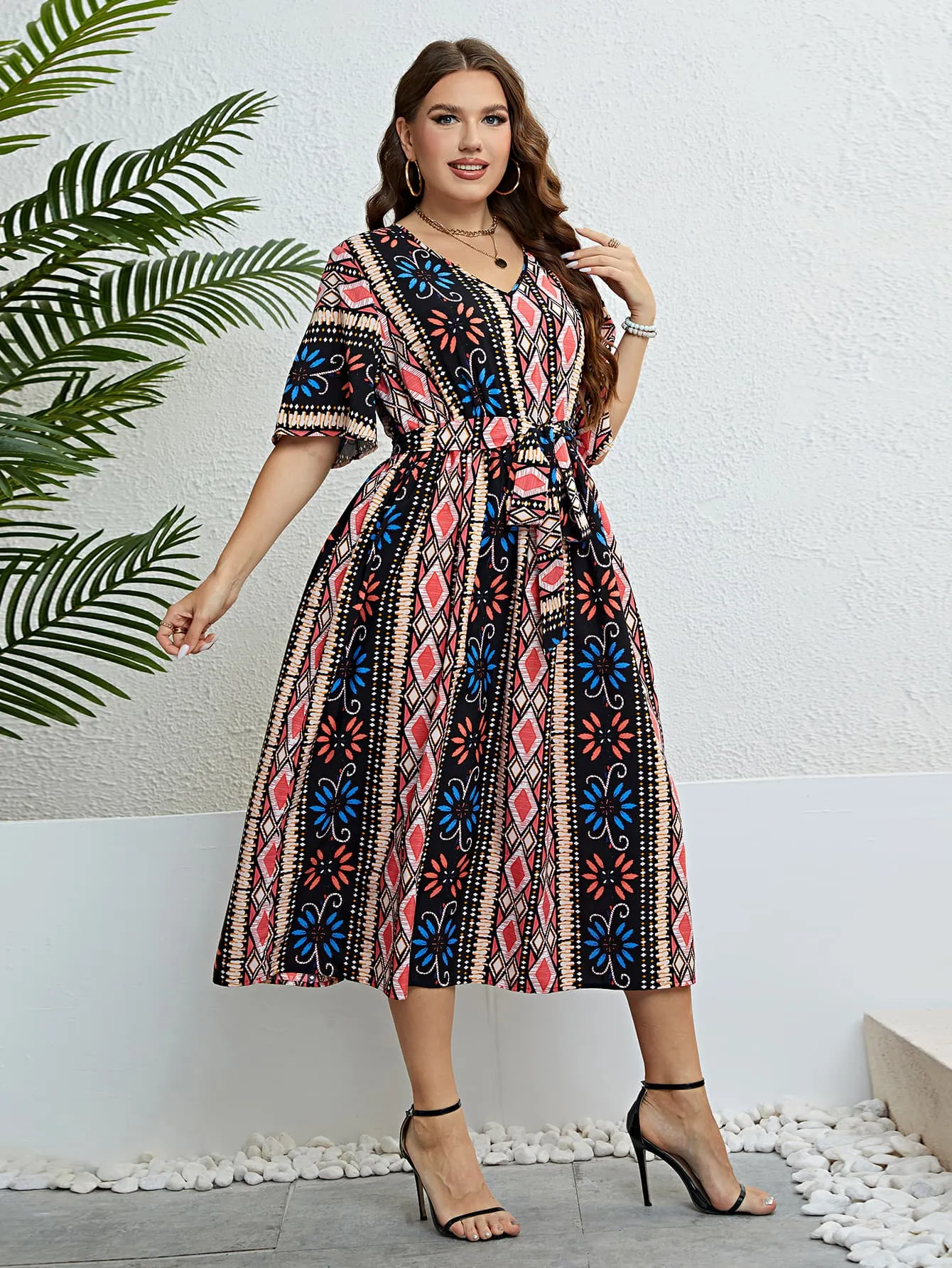 Honey Plus Size Bohemian V-Neck Tie Belt Midi Dress sold by Gigi Laurent product image thumbnail 3