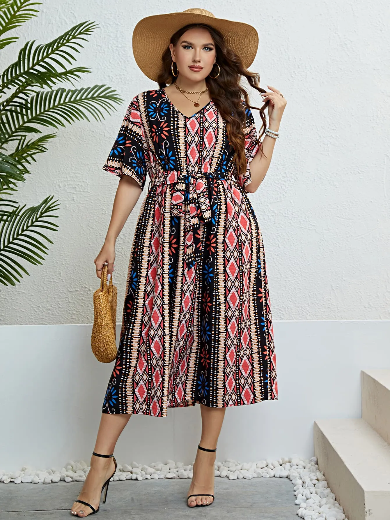 Honey Plus Size Bohemian V-Neck Tie Belt Midi Dress sold by Gigi Laurent