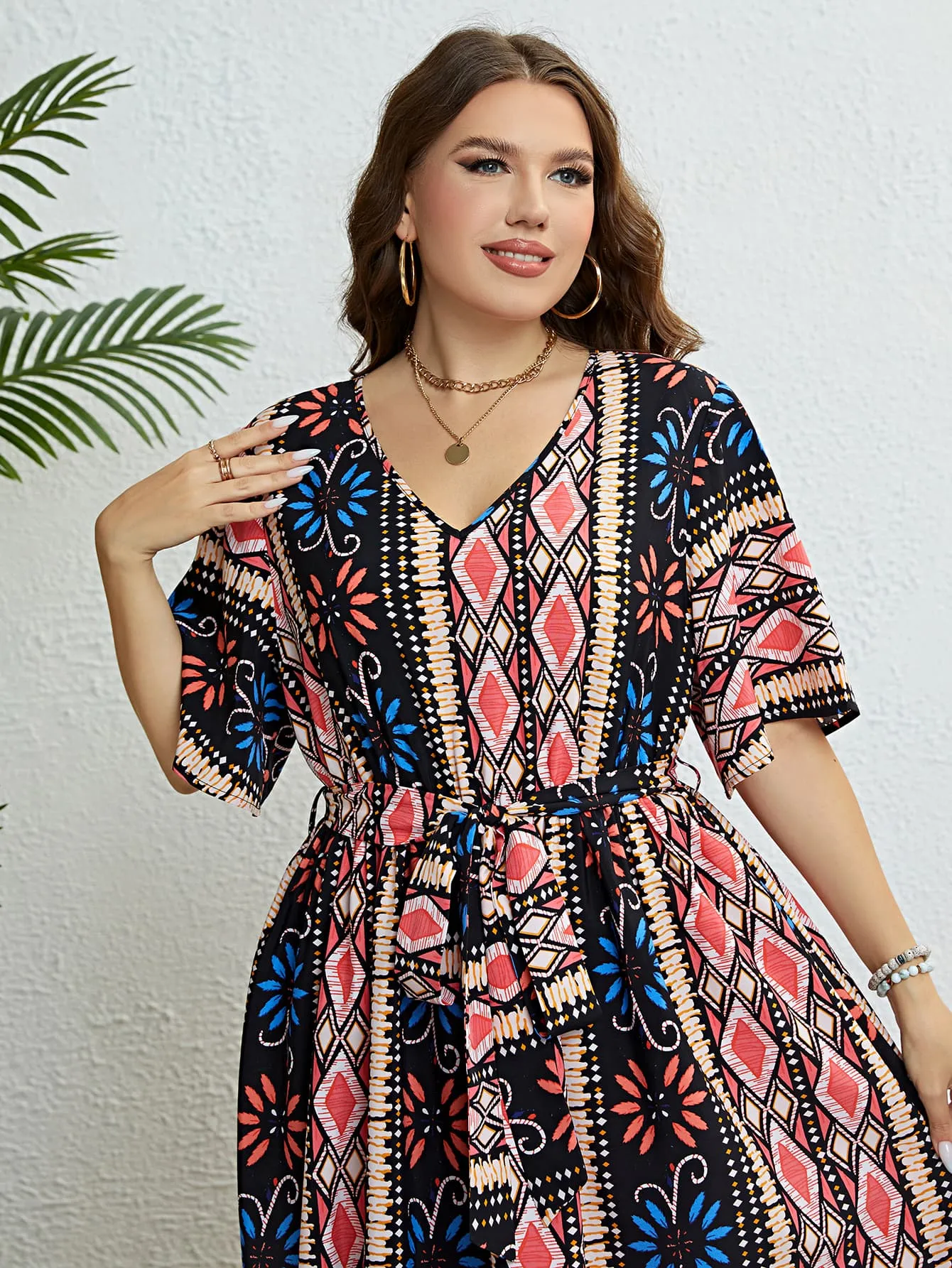 Honey Plus Size Bohemian V-Neck Tie Belt Midi Dress sold by Gigi Laurent product image thumbnail 5