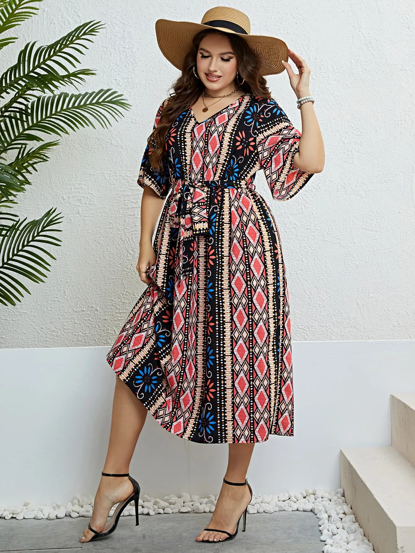 Honey Plus Size Bohemian V-Neck Tie Belt Midi Dress sold by Gigi Laurent product image thumbnail 4
