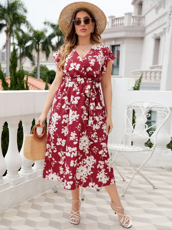 Honey Plus Size Floral Tie Waist Surplice Neck Midi Dress sold by Gigi Laurent