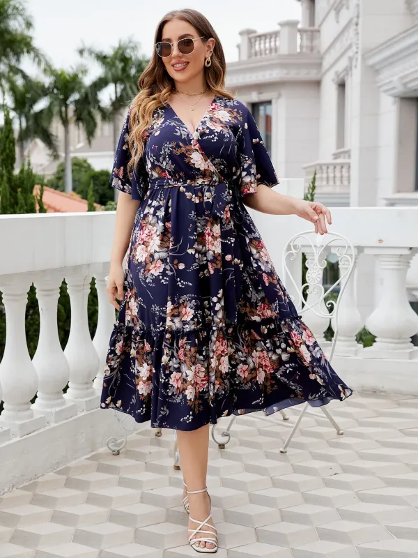 Honey Plus Size Floral Surplice Neck Midi Dress made by Trendsi