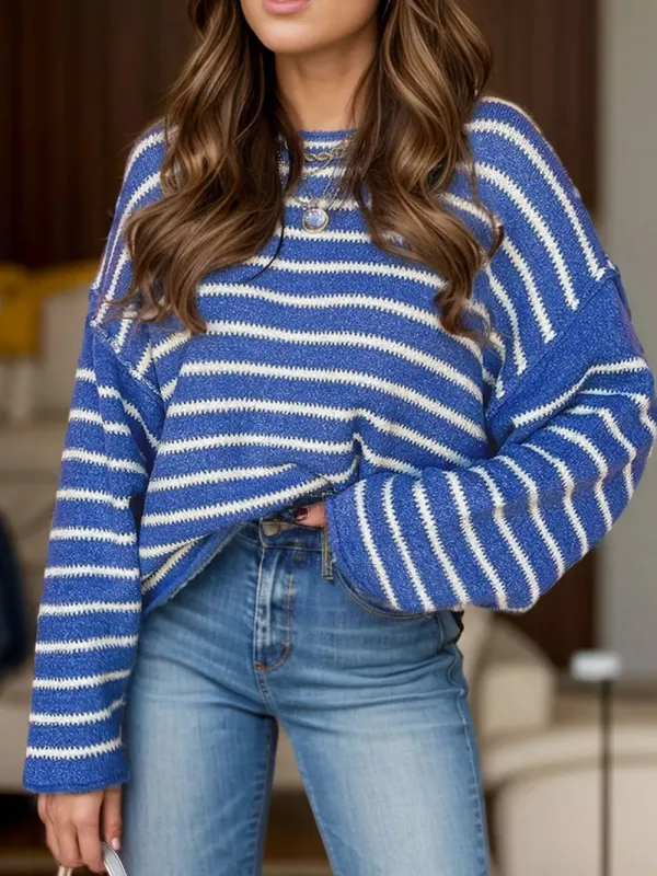 Plus Size Striped Round Neck Dropped Shoulder Sweater sold by Gigi Laurent