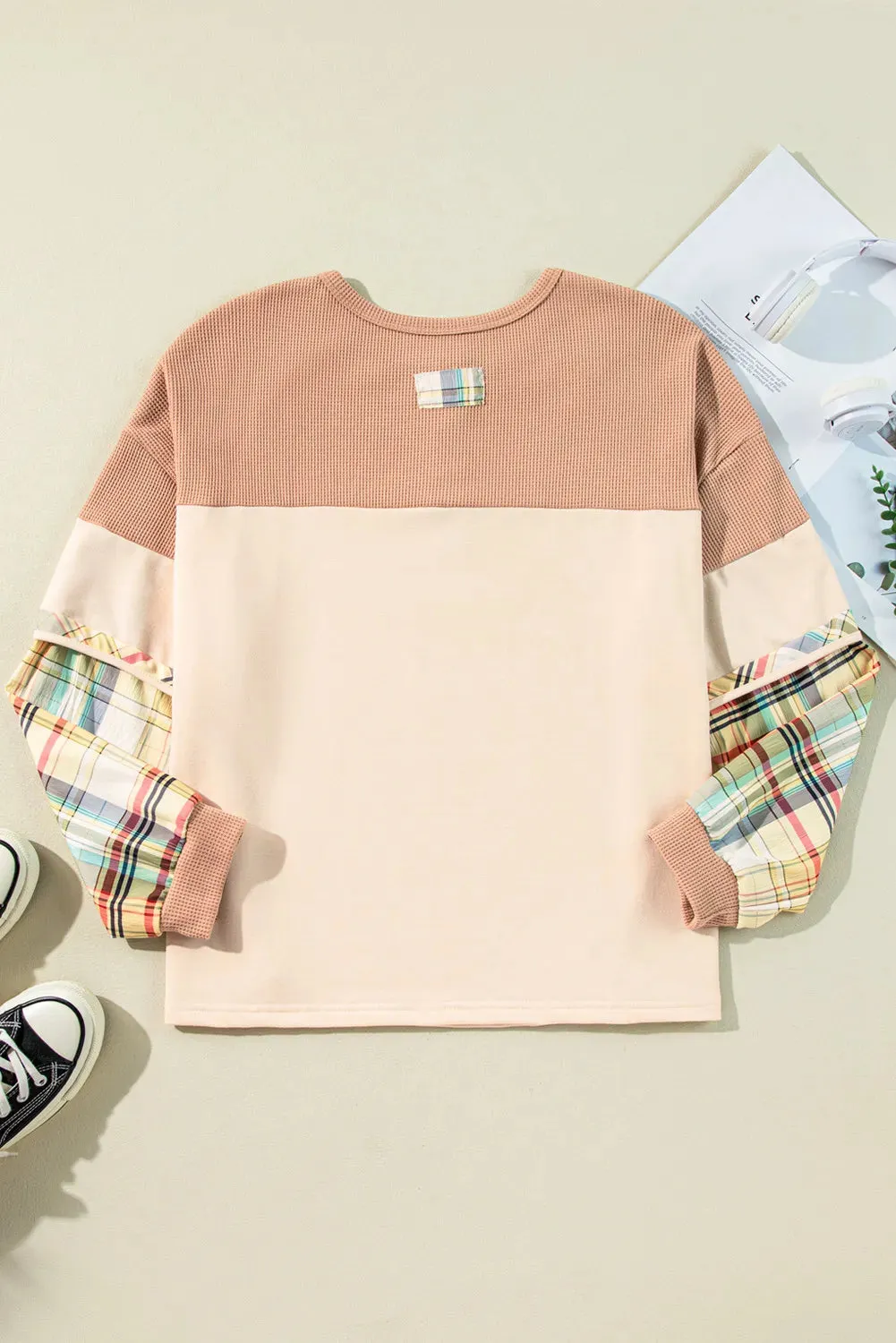 Plus Size Waffle-Knit Detail Plaid Round Neck Top sold by Gigi Laurent product image thumbnail 4