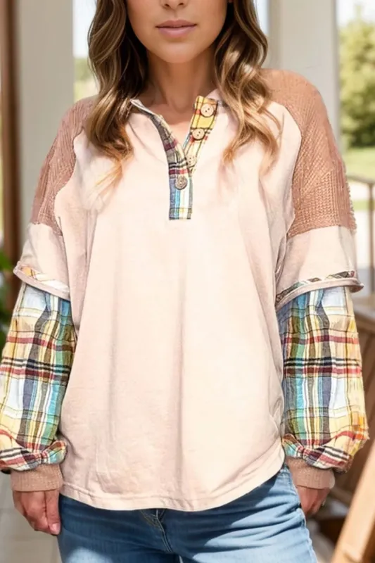 Plus Size Waffle-Knit Detail Plaid Round Neck Top sold by Gigi Laurent