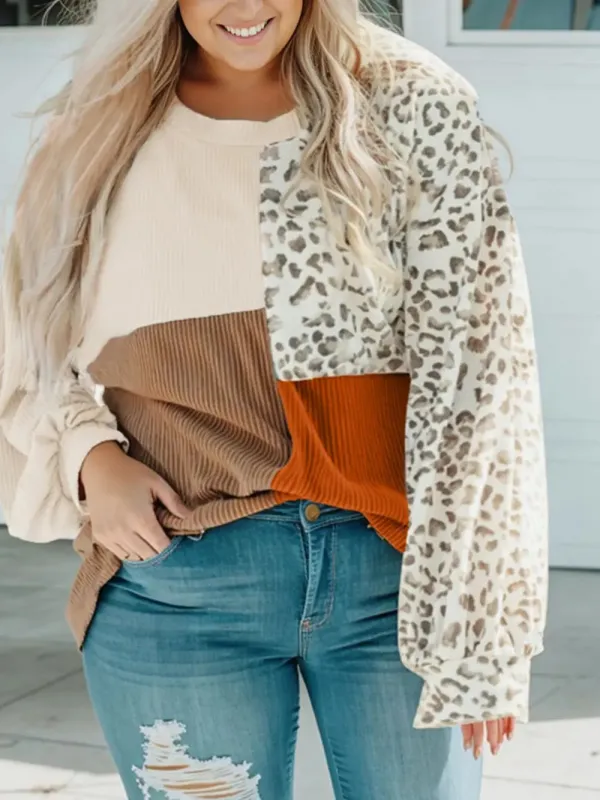 Plus Size Color Block Leopard Round Neck Top sold by Gigi Laurent