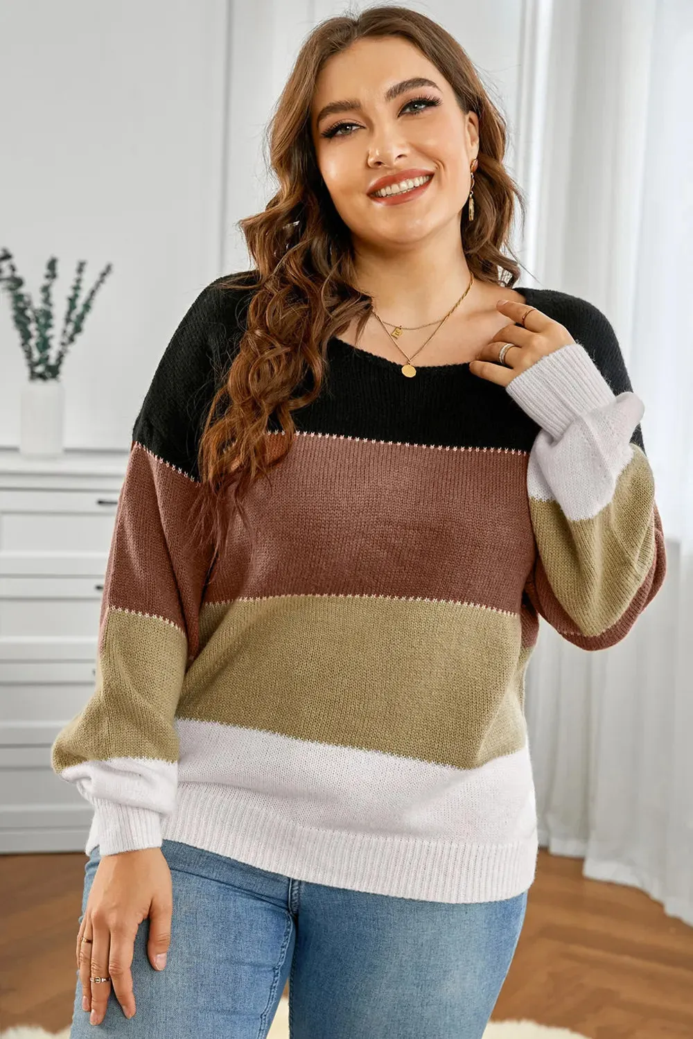 Plus Size Color Block Round Neck Sweater sold by Gigi Laurent