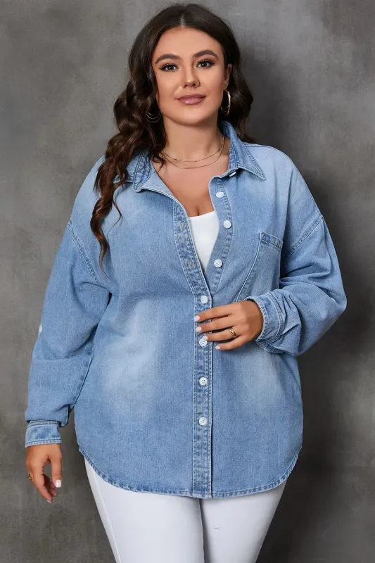Plus Size Button Up Pocketed Denim Top sold by Gigi Laurent