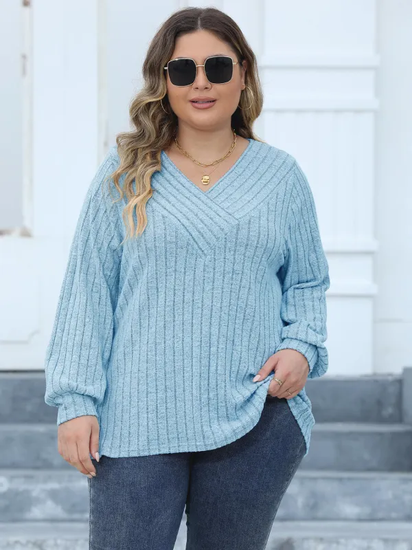 Plus Size Ribbed V-Neck Long Sleeve Top sold by Gigi Laurent