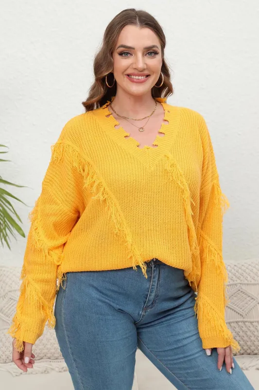 Plus Size Fringe V-Neck Long Sleeve Sweater sold by Gigi Laurent