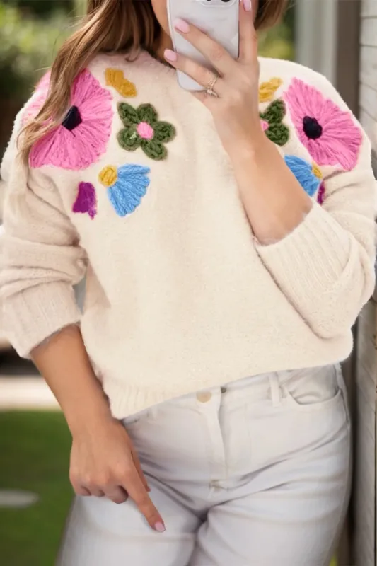 Plus Size Crochet Flower Round Neck Long Sleeve Sweater sold by Gigi Laurent