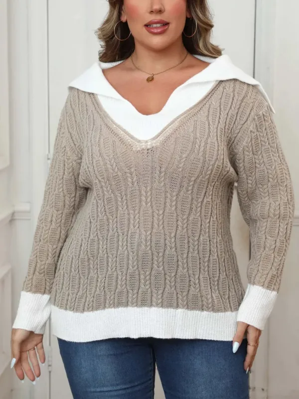Plus Size Contrast Trim Collared Neck Sweater sold by Gigi Laurent