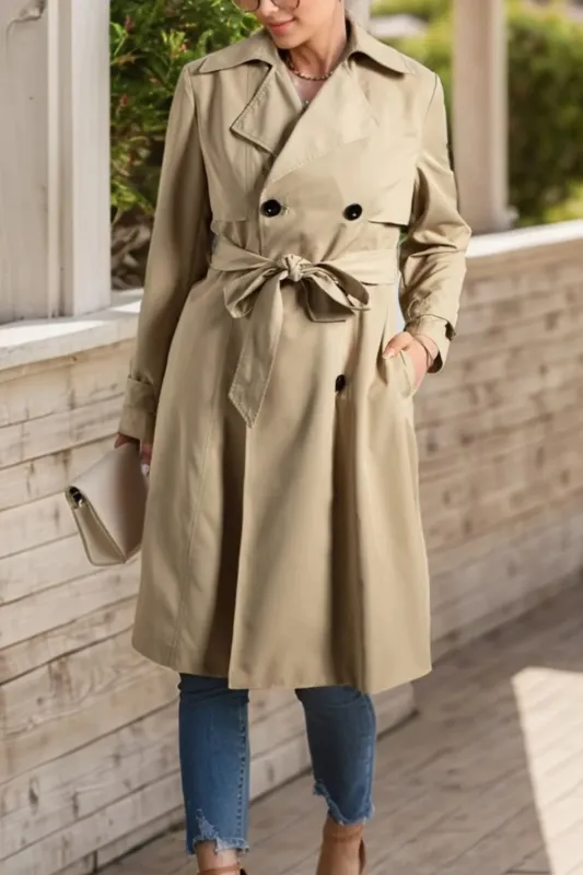 Collared Neck Tie Waist Buttoned Long Sleeve Trench Coat sold by Gigi Laurent