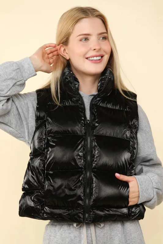 VERY J Shiny Metallic Zip Up Puffer Vest sold by Gigi Laurent