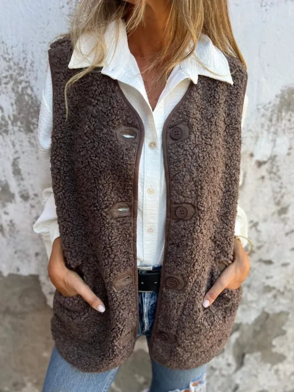 Full Size Pocketed Button Up V-Neck Sherpa Vest sold by Gigi Laurent