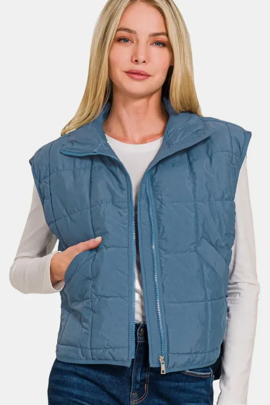 Zenana Zip Up Cropped Puffer Vest with Pockets sold by Gigi Laurent