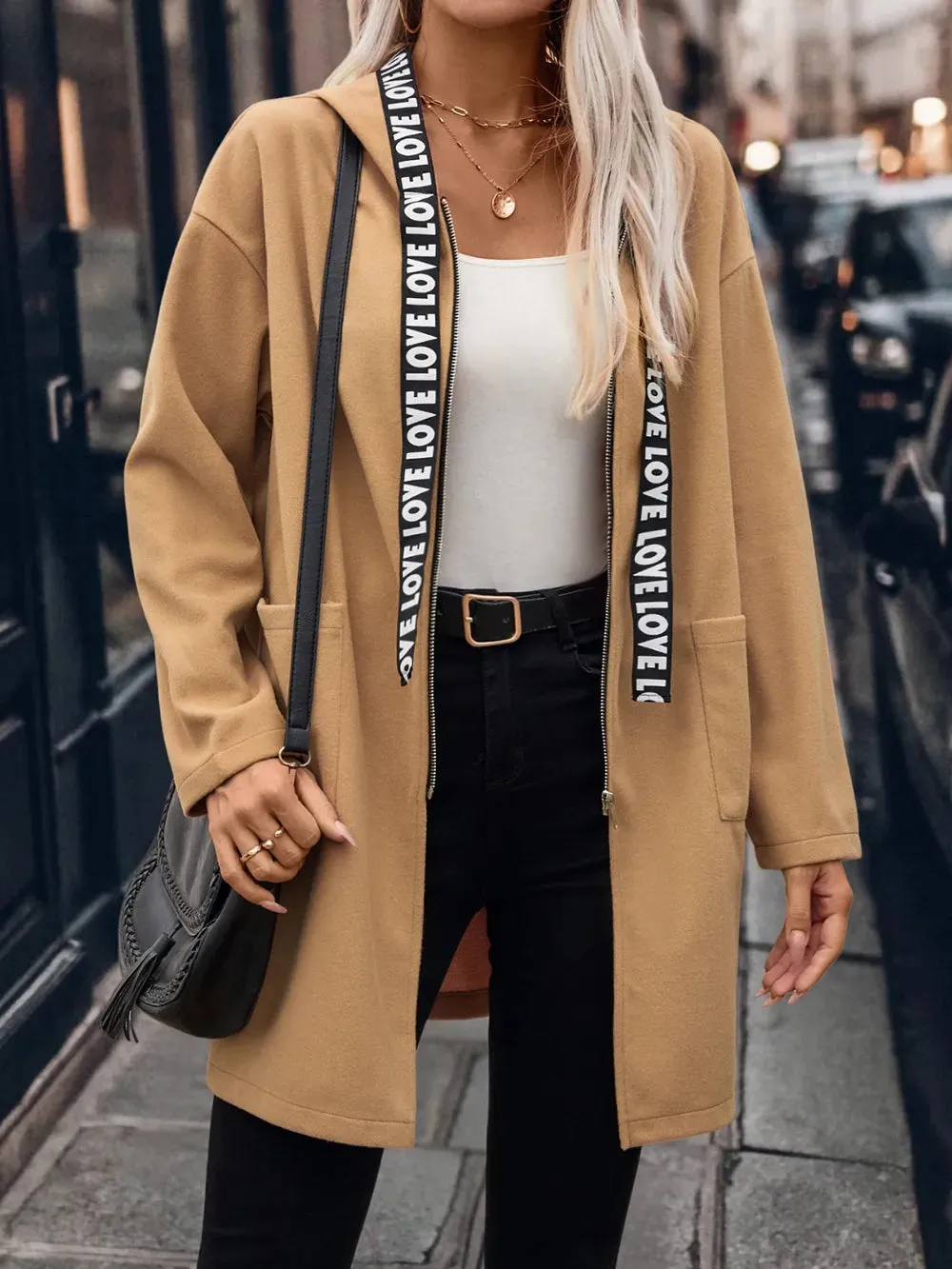 Letter Print Strap Zip Up Hooded Trench Coat sold by Gigi Laurent product image thumbnail 4