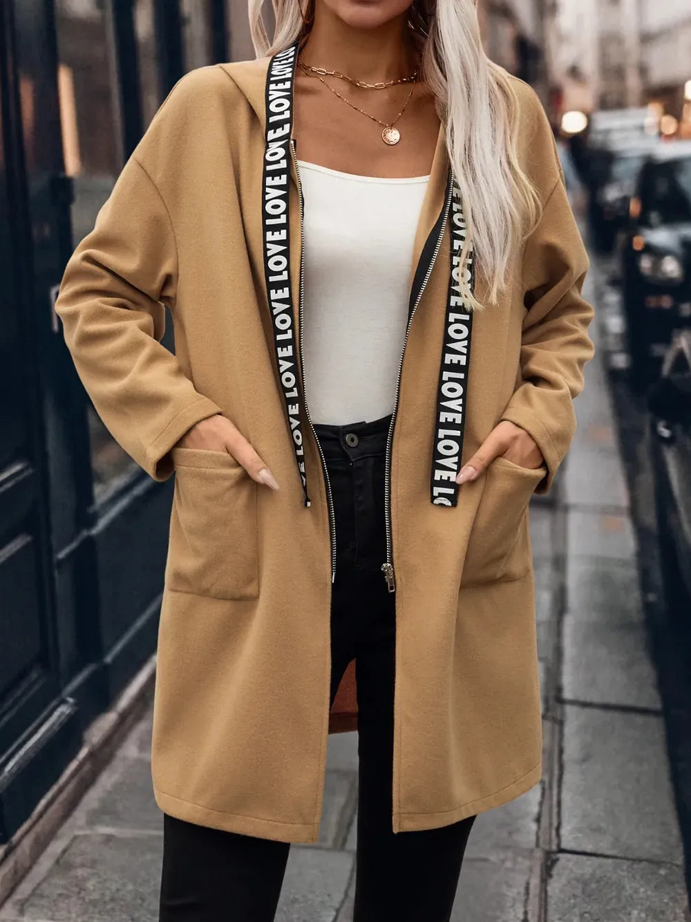 Letter Print Strap Zip Up Hooded Trench Coat sold by Gigi Laurent product image thumbnail 3