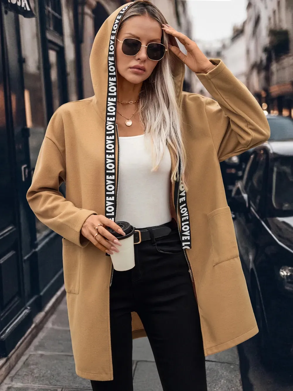 Letter Print Strap Zip Up Hooded Trench Coat sold by Gigi Laurent product image thumbnail 5