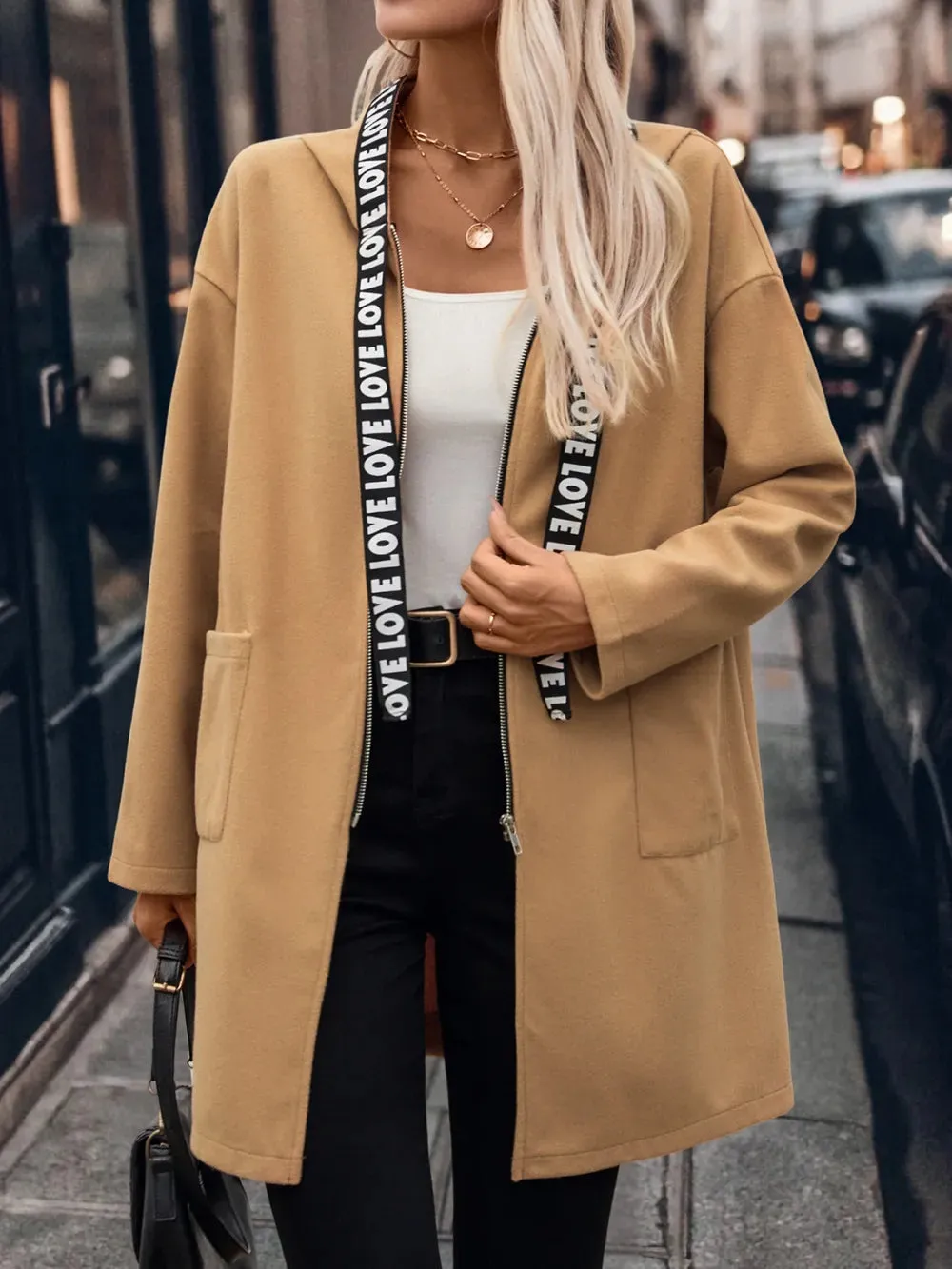 Letter Print Strap Zip Up Hooded Trench Coat sold by Gigi Laurent