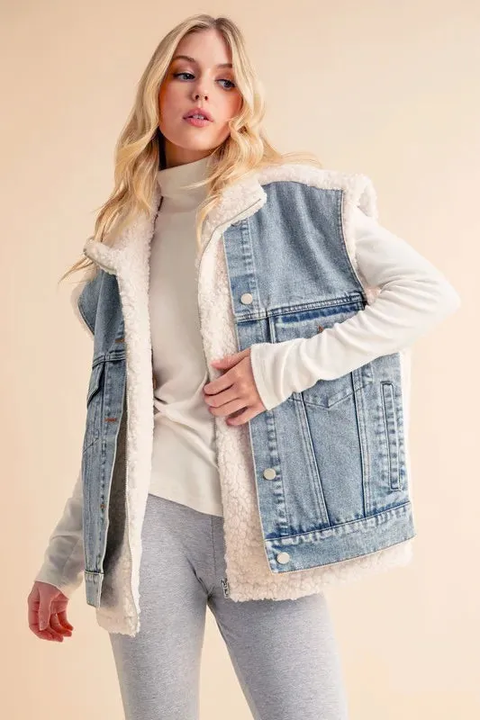 Aemi + Co Fake Two Pieces Denim Patch Sherpa Vest Coat sold by Gigi Laurent