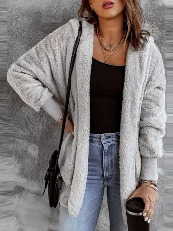 Open Front Hooded Faux Fur Outwear with Pockets sold by Gigi Laurent