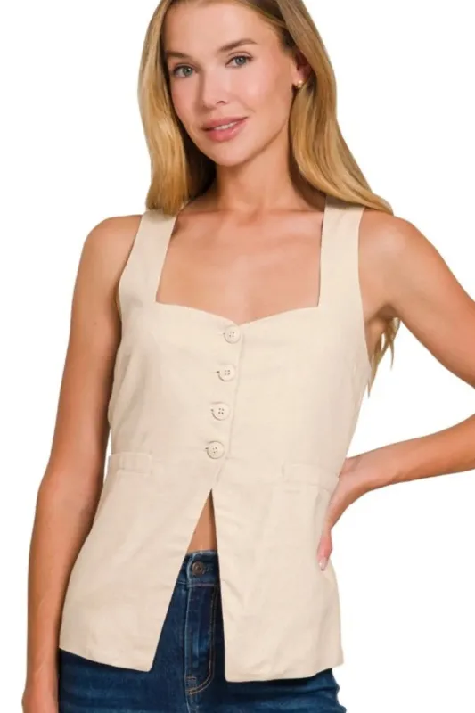 Zenana Linen Tie-back 4-button Vest with Lining sold by Gigi Laurent