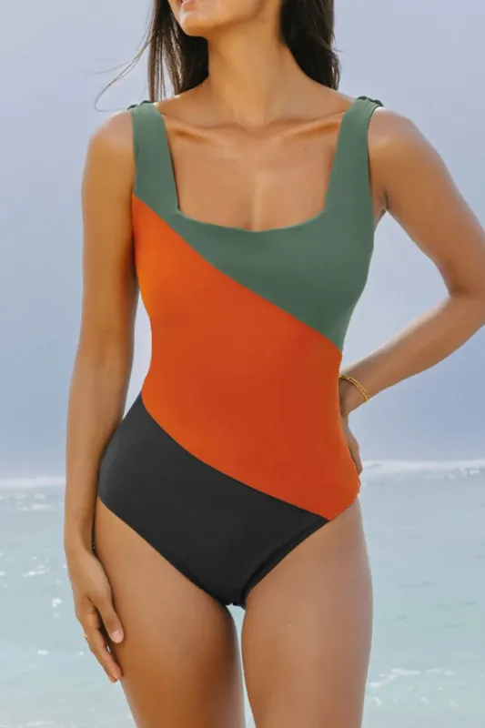 Color Block Padded Square Neck One Piece Swimsuit sold by Gigi Laurent