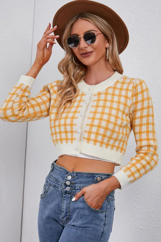 Plaid Buttoned Cropped Cardigan sold by Gigi Laurent