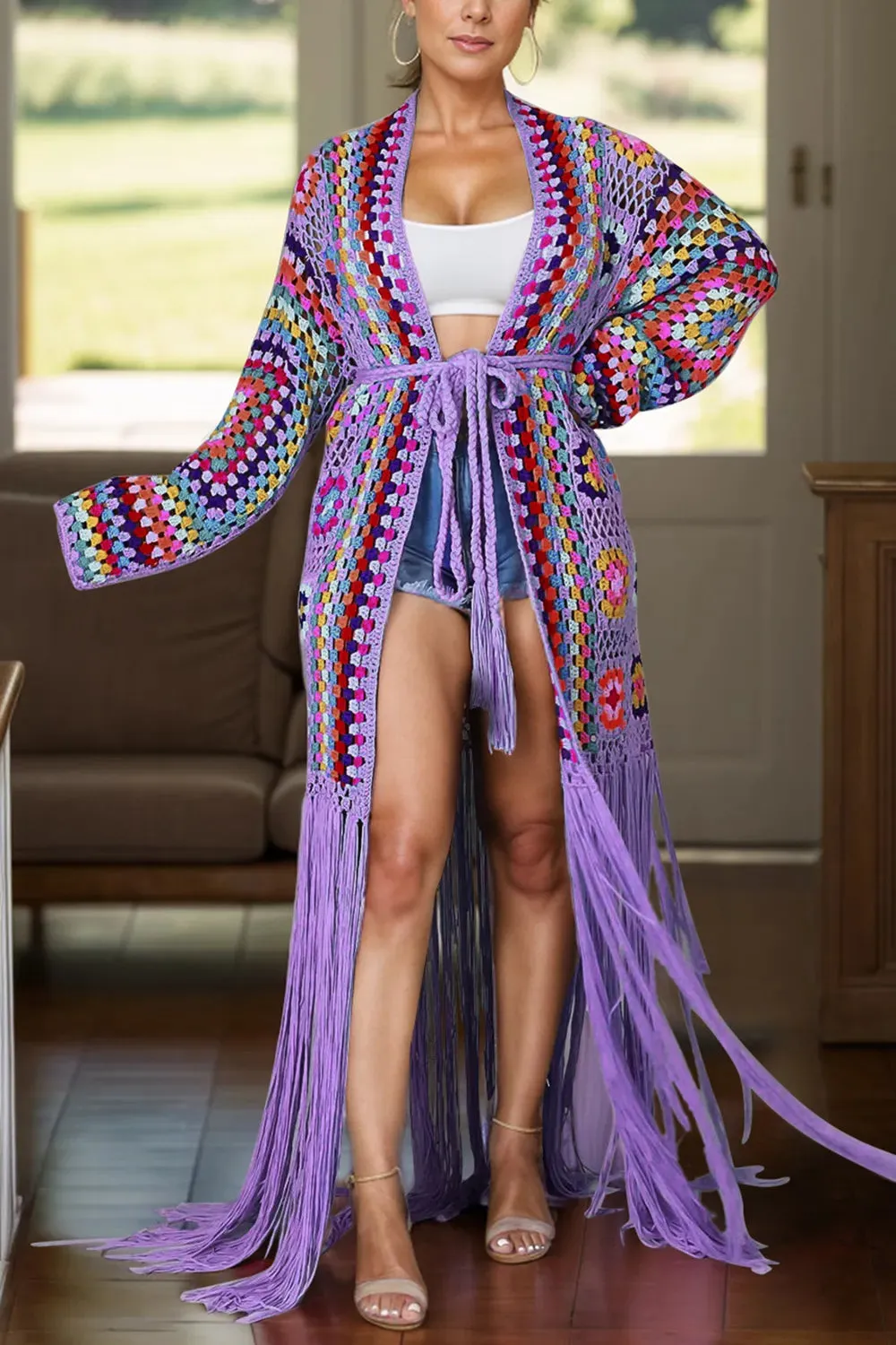 Fringe Tied Long Sleeve Cardigan sold by Gigi Laurent