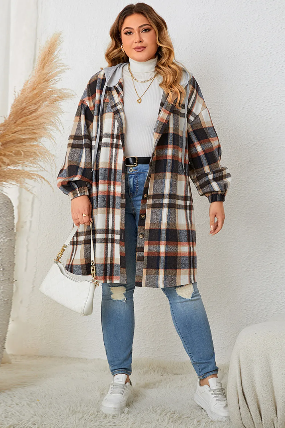 Honey Plus Size Plaid Drop Shoulder Hooded Coat sold by Gigi Laurent product image thumbnail 5
