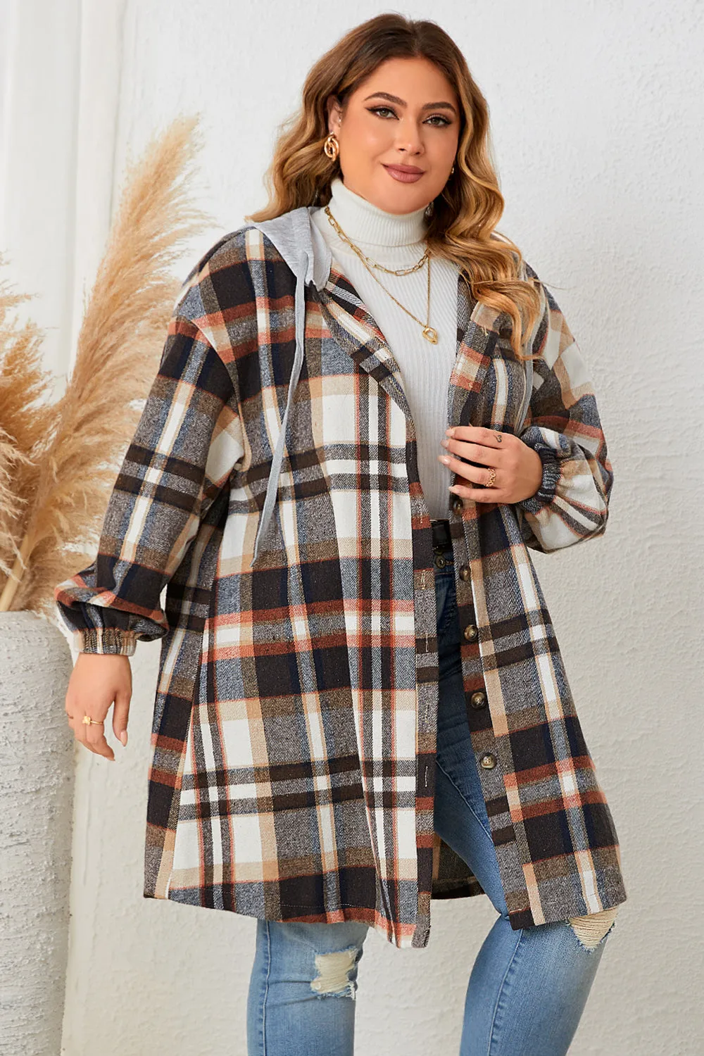 Honey Plus Size Plaid Drop Shoulder Hooded Coat sold by Gigi Laurent product image thumbnail 4