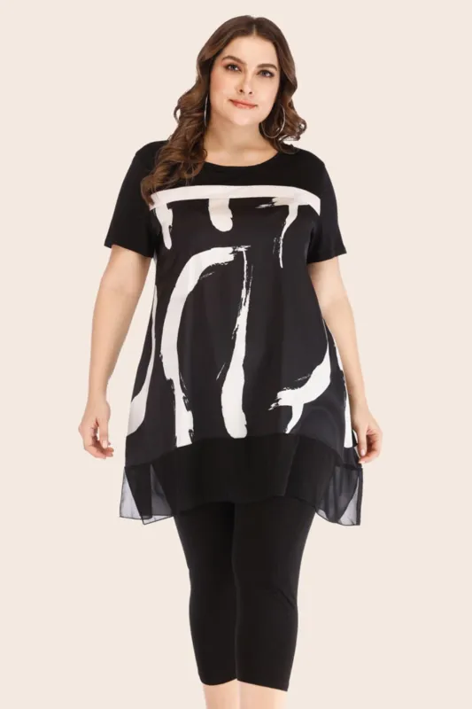 Plus Size Contrast Spliced Mesh T-Shirt and Cropped Leggings Set sold by Gigi Laurent