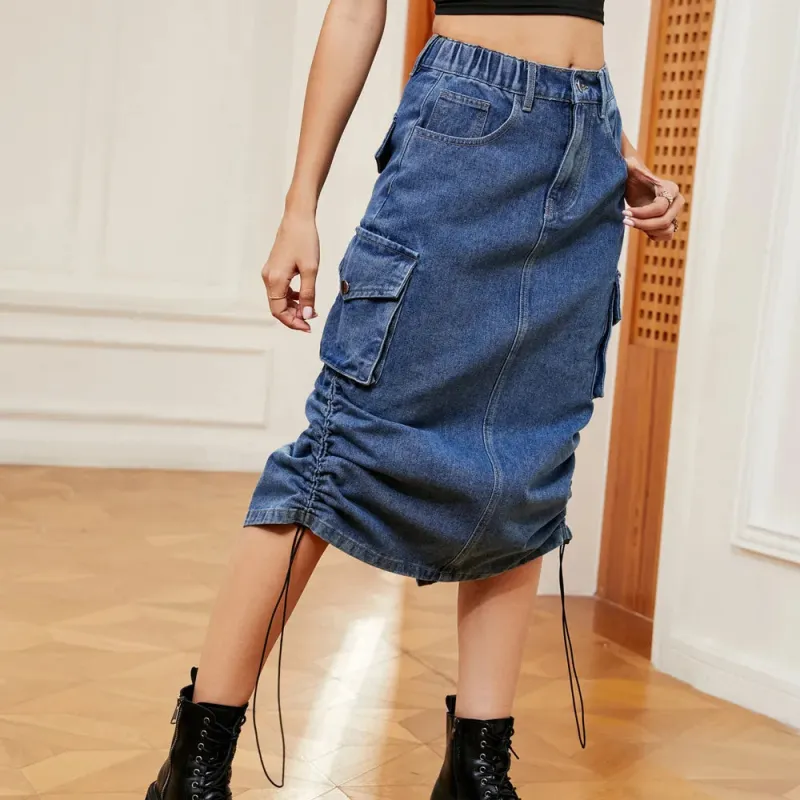 Drawstring Ruched Slit Denim Midi Skirt sold by Gigi Laurent