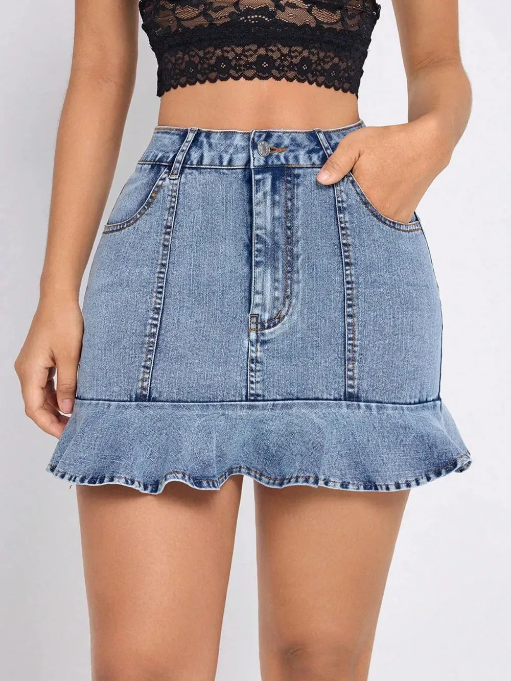 Ruffled Hem Denim Mini Skirt sold by Gigi Laurent