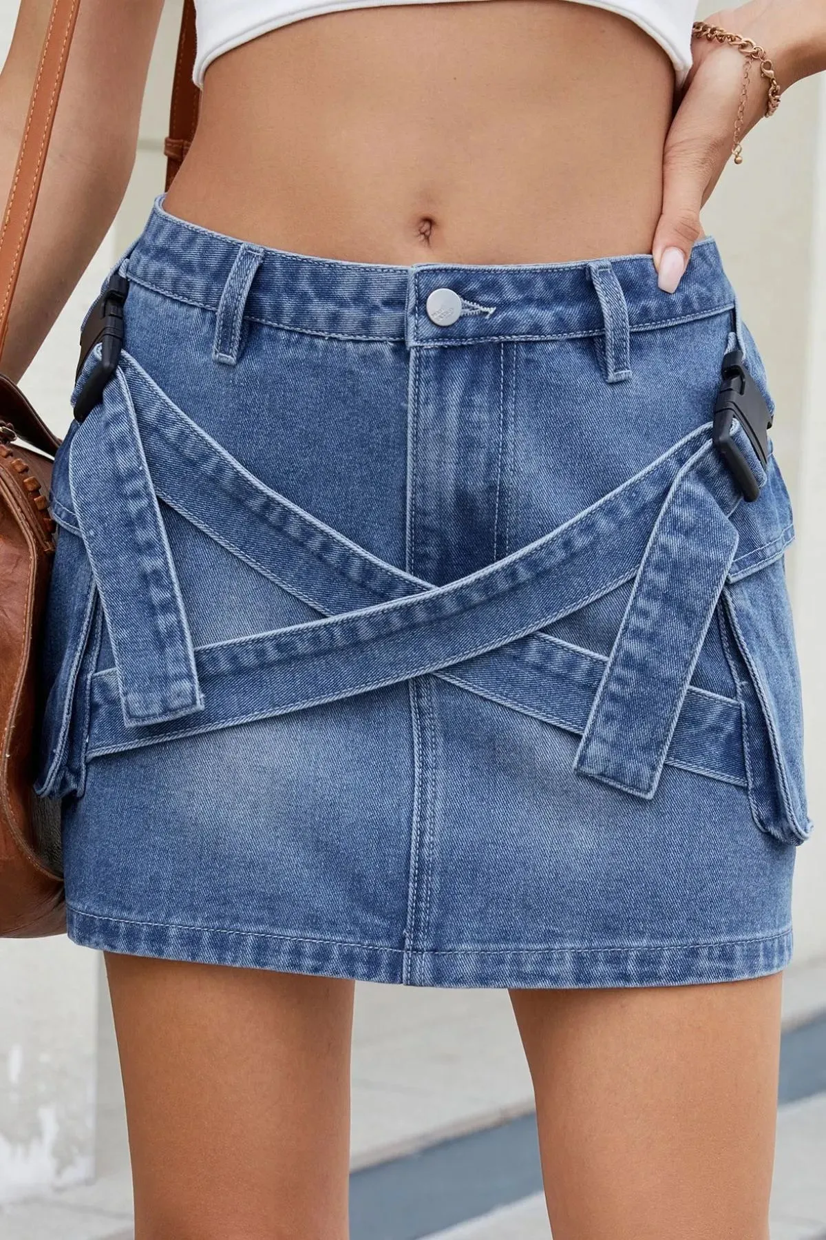 Criss-Cross Waist Detail Denim Mini Skirt sold by Gigi Laurent product image thumbnail 5