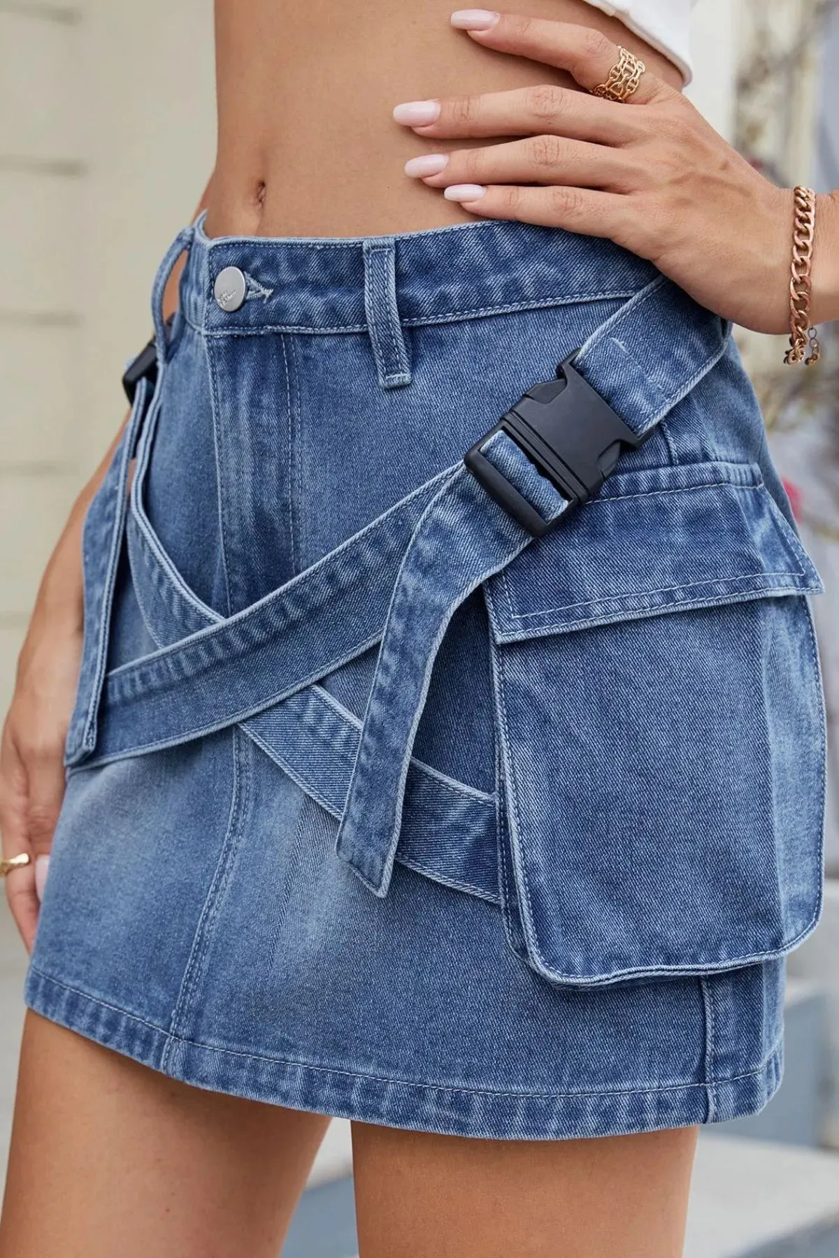 Criss-Cross Waist Detail Denim Mini Skirt sold by Gigi Laurent product image thumbnail 4