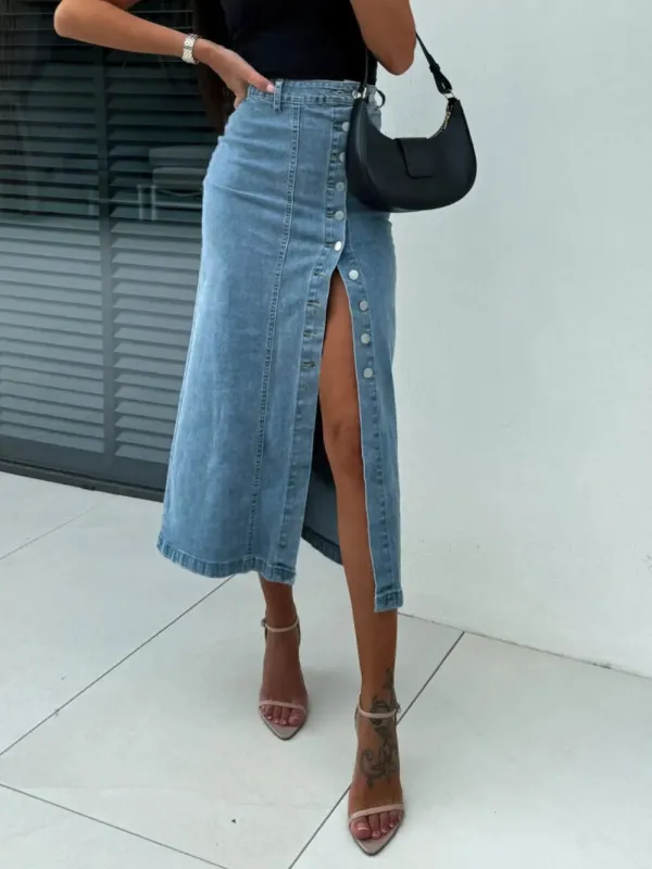 Front Button Slit Midi Denim Skirt sold by Gigi Laurent