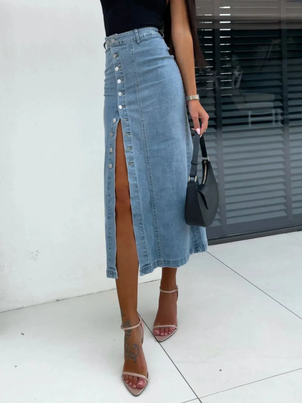 Front Button Slit Midi Denim Skirt sold by Gigi Laurent product image thumbnail 4