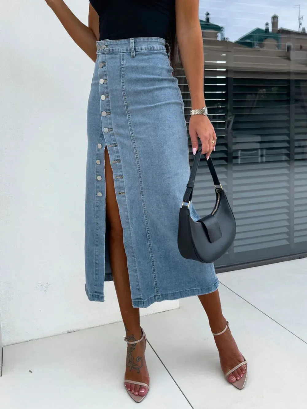Front Button Slit Midi Denim Skirt sold by Gigi Laurent product image thumbnail 2