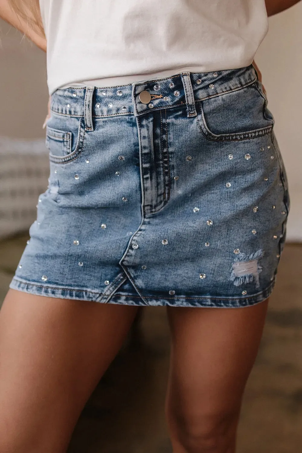 Rhinestone Distressed Denim Mini Skirt sold by Gigi Laurent