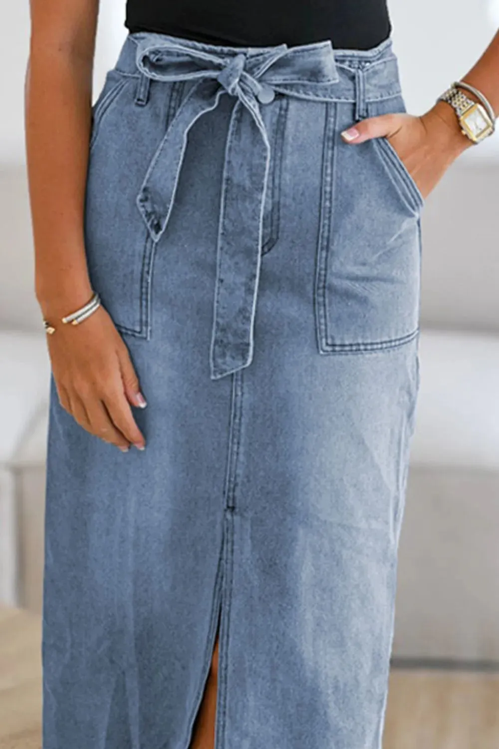 Tied Slit Denim Skirt sold by Gigi Laurent product image thumbnail 3